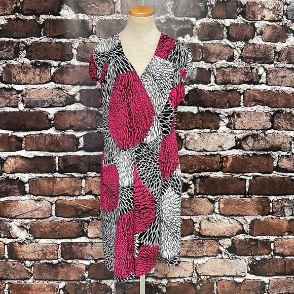 Alfani Dress Big Floral Print Pink White V-Neck Midi Size Large L - Picture 5 of 16